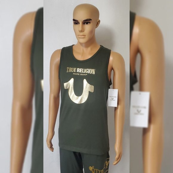 TRUE RELIGION LOUNGEWEAR TANK TOP MEN'S HORSESHOE METALLIC GOLD LOGO SIZE S OLIV - Picture 4 of 6